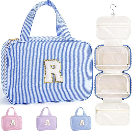 TOPEAST Travel Toiletry Bag Initial Makeup Bag for Teen Girls - Birthday Gifts for 7 8 9 10 11 12 13 14 15 16 17 18 Year Old Girls, Teen Girl Gifts Trendy Stuff - Letter R, Blue