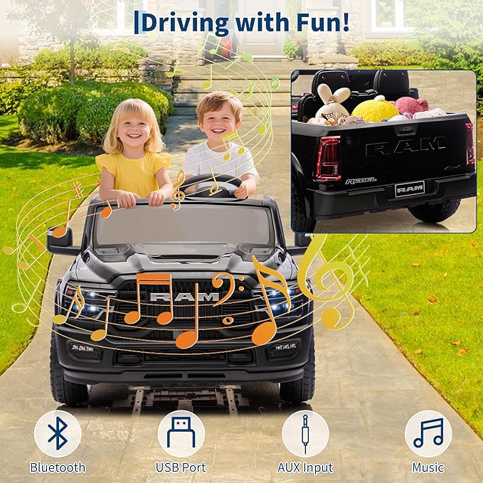 24V Ride on Car Licensed RAM 2500, 2 Seater Ride on Car for Kids w/Remote Control, Toddler Electric Car w/Truck Bed, 3 Speed, LED Lights, Bluetooth, Suspension, Gifts for Boys Girls, Black