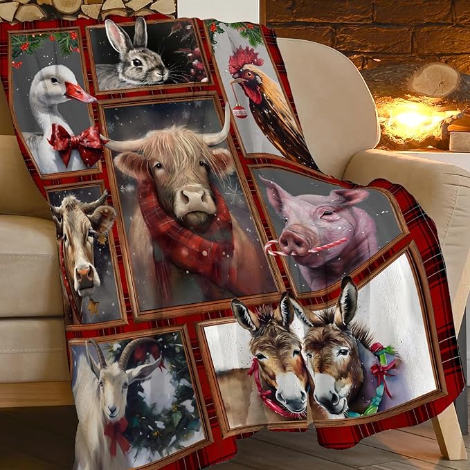 Christmas Blanket Highland Cow Farm Animal Throw Blanket Ultra Soft Cozy Fleece Goat Chicken Goose Duck Pig Donkey Gift Fuzzy Plush Bedding Blankets for Kids Adult Girls Boys Women Men 80"x60"