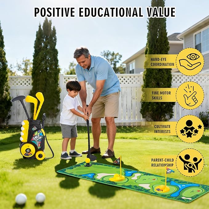 Toddler Golf Set with Cart, 4 Upgraded Handle Clubs, 47.2" Putting Mat, 8 Balls, Training Accessories for 3 4 5+ Years Old Boys Girls