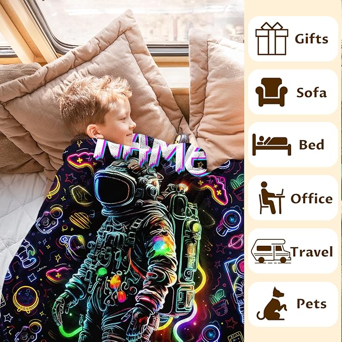 Kids Blanket for Boys Son Grandson Personalized Astronaut Blanket for Gift, Custom Cool Warm Cozy Throw for Living Room Bed Sofa Camping