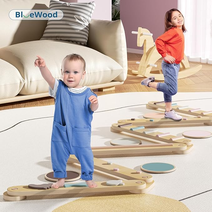 BlueWood Balance Beam for Kids 3-5, Toddler Sensory Wooden Toys and Stepping Stones, Build Coordination Gymnastics Obstacle Motor Skill for Kid