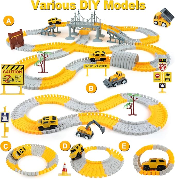 BEMITON Construction Race Track Toys for Kids - Birthday Gift for 3 4 5 6 7 Year Old Boys, 330+ PCS Track Playset with Electric Cars and Construction Trucks, DIY Engineering Road Building Sets