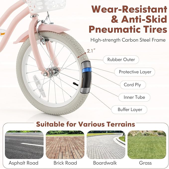 COSTWAY Kids Bike, 12 14 16 18 Inch Toddler Bike Children Bicycle w/Training Wheels, Hand & Coaster Brakes, Adjustable Saddle & Handlebar, Basket, Bell, Kids Bicycle for Girls Boys Aged 3-8 Years Old