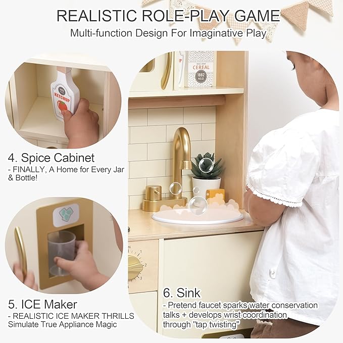 Wooden Play Kitchen for Kids with Ice Maker & 17 Accessories, Toddler Toy Kitchen with Sink, Oven, Stovetop, Microwave, Educational Kitchen Playset Gift for Toddlers Boys Girls Ages 3 to 8