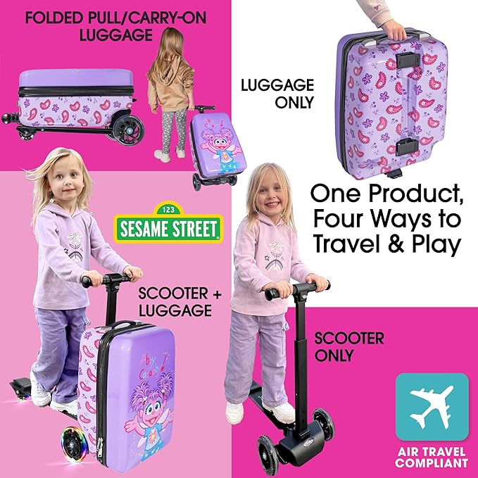 KIDDIETOTES Sesame Street 4-in-1 Detachable Scooter Luggage for Kids – Abby Cadabby – Ride-On Suitcase with Removable Luggage Body, Adjustable Handlebar, Durable Deck & Brake – Carry-On Travel Bag