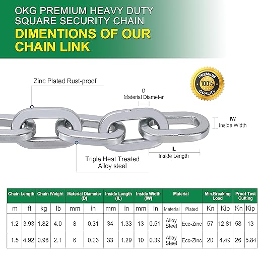 OKG Heavy Duty Security Chain, 3.9ft x 5/16" Thick Outdoor Gate Chain, Cut Proof Chain Made of Hardened Alloy Steel Chain, Ideal for Fence Gates, Bicycles, Moped, Trailers, Generator, etc