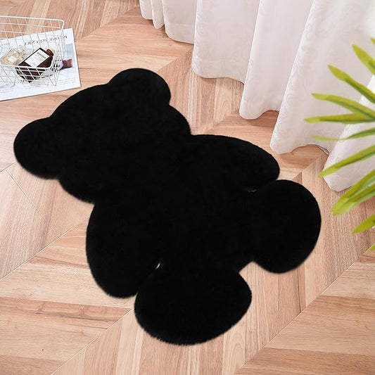 2ft Black Small Bear Shag Rug, Soft Fluffy Faux Sheepskin Fur Rug Fuzzy Shaggy Area Rug Cute Plush Carpet for Nursery Kids Girls Bedroom Room Aesthetic Living Room Floor Home Decor, Black