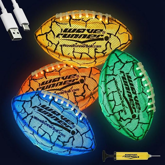 Wave Runner Glow in The Dark Junior Size Waterproof LED Football for Kids, Teens & Adults – Color-Changing Light Up Football with Type-C Rechargeable Design & Pump Included