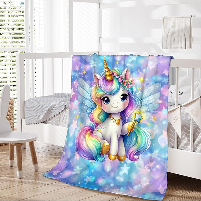 Girls Throw Blanket Unicorn Blanket for Girls 6-8 Gift for Kids Teens, Cozy Warm Flannel 50 x 40 Inches Throws for Sofa Trip Chair