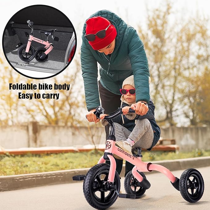 YGJT 3 in 1 Tricycle for Toddlers Age 2-5 Years Old, Folding Kids Balance Bike with Adjustable Seat and Removable Pedal, Toddler Bike Ride-on Toys for Infant, Gifts for Baby Girls Birthday(Pink)