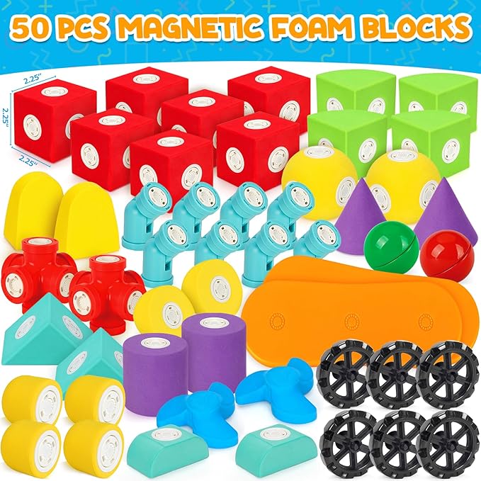 50 PCS Magnetic Foam Blocks for Kids, Large Magnetic Building Blocks for Toddlers 3+, Kids Bath Toys and Preschool STEM Educational Toys, Birthday for Boys & Girls 3 4 5 6+ Years Old