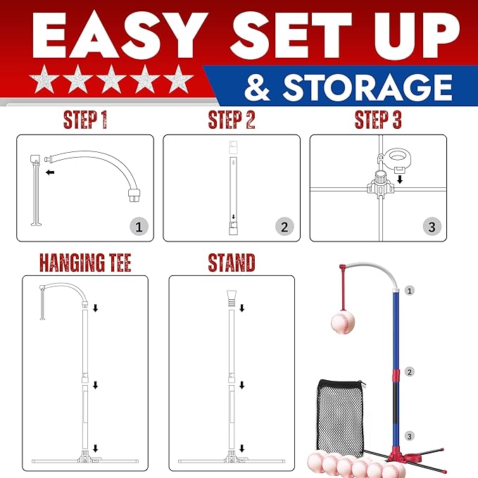 3-in-1 Baseball Set for Kids and Toddlers Ages 3-5 – Includes Tee Ball Stand, Hanging Tee, Automatic Ball Launcher, and 6 Softballs – Adjustable Height for Indoor/Outdoor Play – Sports Gift for Boys