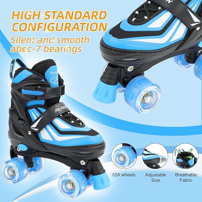 PAPAISON Kids Roller Skates for Boys Girls, 4 Size Adjustable Rollerskates with Light Up Wheels for Kids Ages 4-12