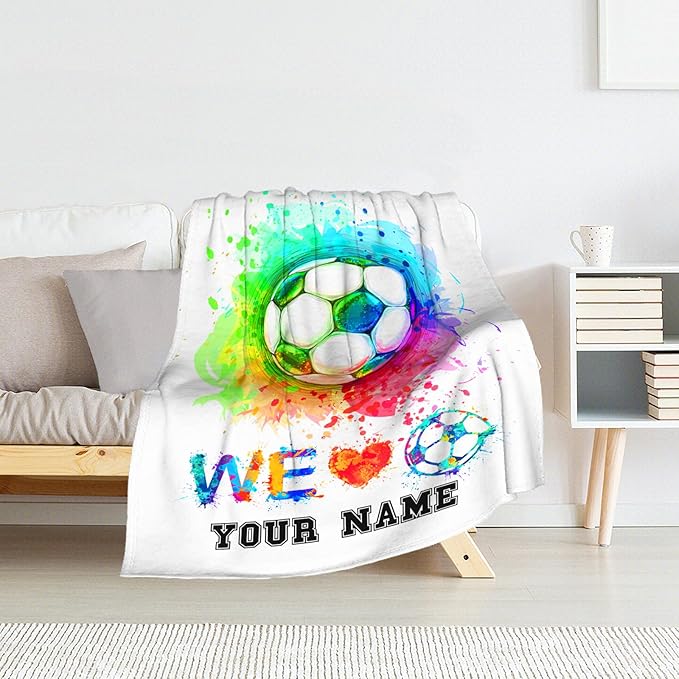 Personalized Soccer Throw Blanket with Name - Soft, Fuzzy & Warm - 40x50 Inches Crib Size Blanket for Couch, Office - Colorful Cute Throw Gift for Girls, Boys