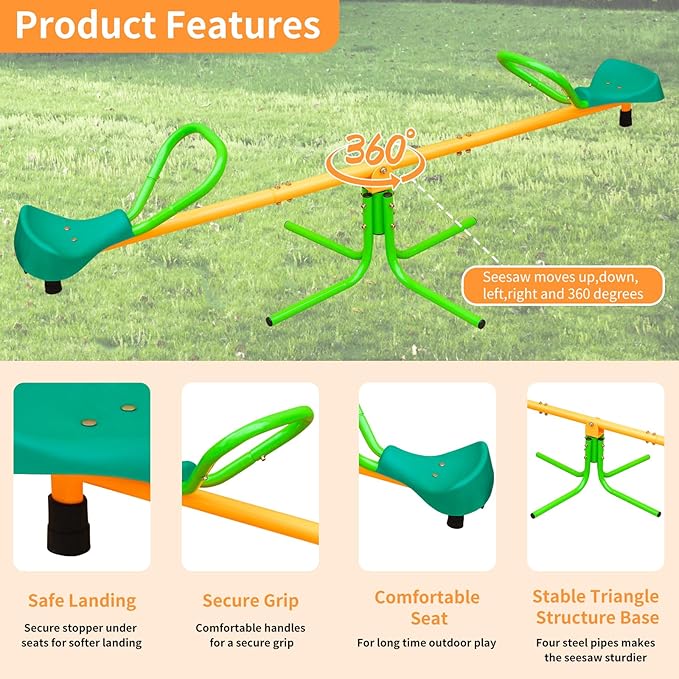 360 Degree Rotation Seesaw Swivel Teeter-Totter, 2/3/4 Seats Sit and Spin Outdoor Playground Equipment for Kids, Toddlers, Boys, Children (Green-2 Seats)