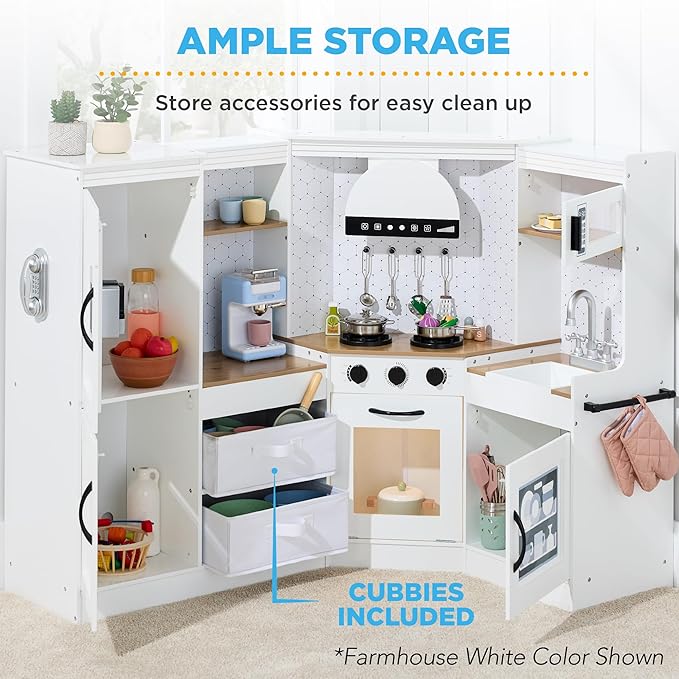 Best Choice Products Pretend Play Corner Kitchen, Ultimate Interactive Wooden Kids Playset w/Lights & Sounds, Ice Maker, Hood - Espresso