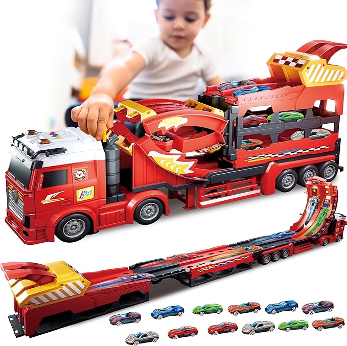 3in1 Transport Car Carrier Truck Toy w/3 Layer Foldable Car Track, 12P Die Cast Car Speed Track, Semi Truck Toy Car Launch Race Track Playset, Preschool Cars Trucks Car Transporter Toy for Kid Ages 3+