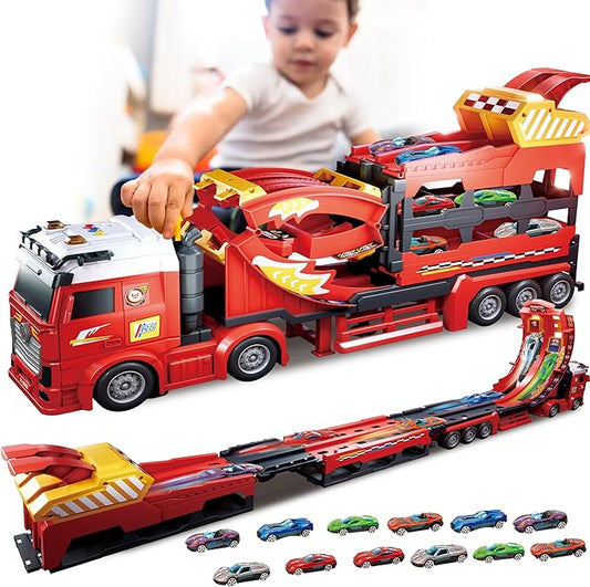 3in1 Transport Car Carrier Truck Toy w/3 Layer Foldable Car Track, 12P Die Cast Car Speed Track, Semi Truck Toy Car Launch Race Track Playset, Preschool Cars Trucks Car Transporter Toy for Kid Ages 3+