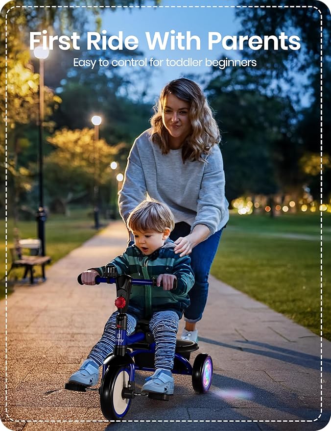 besrey Kids Tricycle with Flash Wheels for Ages 18 Months to 5 Years, Toddler Tricycle with Bell, Kids Tricycle, Gift for 2-5 Year Olds, Gift and Toy for Boys and Girls, Tricycle for Toddlers, Blue