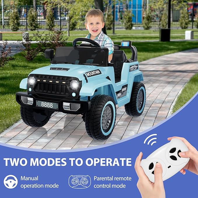 12V Kids Ride On Truck Car, Battery Powered Electric Vehicle Toy w/Parent Remote Control, Spring Suspension, 3 Speeds, LED Light, Music & Horn, Electric Cars for Kid, Gift for Boy Girl, Blue