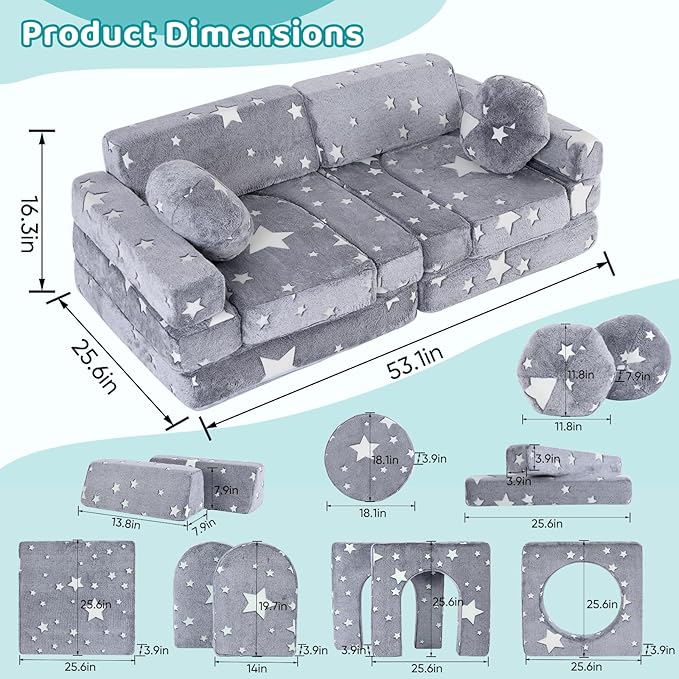 13 PCS Kids Play Couch, Modular Glowing Kids Toddler Couches, Kid Play Couch Sofa for Playroom and Bedroom (Grey)