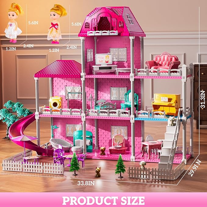 Villa Playset for Girls Ages 3-7, Indoor Playset Girls Toys with 3 Storeys 7 Rooms 2 Dolls for Ages 6-8, Furniture and Accessories, Pretend Toddler Toy, Birthday Gifts for Kids 3 4 5 6 7 8