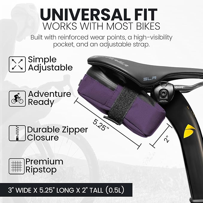 Signature Bike Saddle Bag – Violet | 0.5L Bike Seat Bag (3" x 5.25" x 2") | Water-Resistant Ripstop, Waterproof Zipper, Internal Pocket | Durable Under Seat Storage