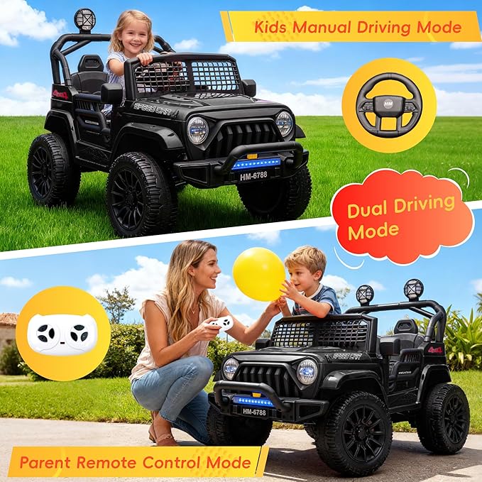 24V Electric Car for Kids Truck Car Ride On Car Kids Car Equipped with Bluetooth,Parental Remote Control,LED Lights,Double Open Doors,Wear Resistant Wheels-Black