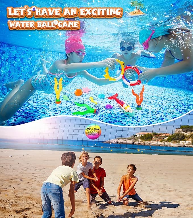 Pool Toys for Kids, Mermaid Swim Diving Pool Toys for Toddlers Girls,Underwater Sinking Water Ball Games, Pool Swim Float Treasure Fish Toy, Diving Ring Toys with Mesh Bag for Summer Pool Beach Party