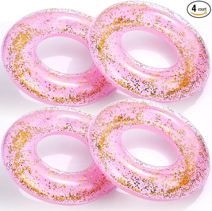 ShinyRelief 4 Pcs Inflatable Glitter Pool Float 30'' Macaron Swim Tube with Gold Confetti Swim Inner Tube for Adults Pool Floats Rings for Summer Beach Swimming Pool Bachelorette Party