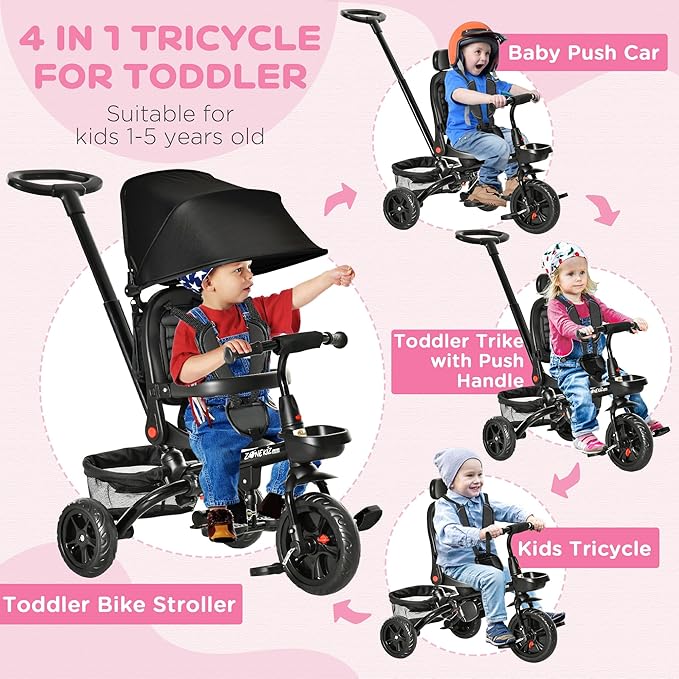 Qaba Kids Tricycle, 4 in 1 Foldable Trike with Reversible Seat, Adjustable Parent Handle, Safety Harness, Wheel Brakes, Removable Canopy, Storage, Tricycle for Toddlers 1-5 Years, Black