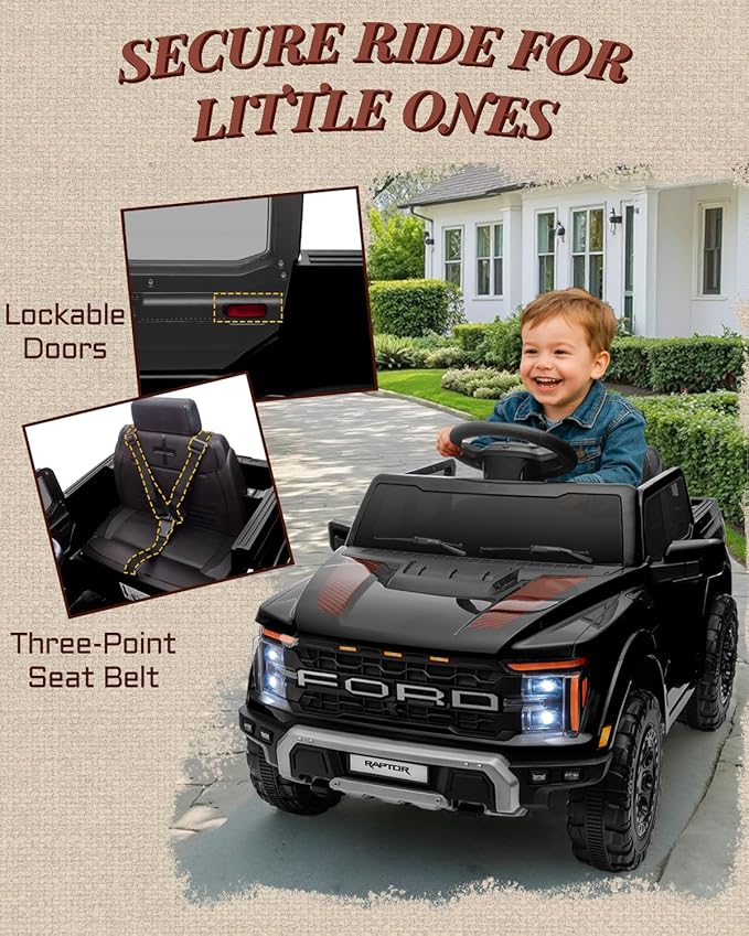 First Ride On 12V Licensed Ford F-150 Raptor Kids Ride on Toy, Ride on Truck with Parent Remote Control, Electric Car for Kids with Truck Bed Storage, 3 Point Safety Belt, LED Lights (Black)