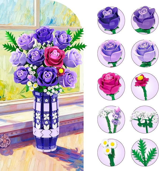 Purple Roses Flowers Building Set with Vase & LED Light, 17 Mini Flowers Bouquet Building Blocks Toy, Artificial Flowers for Home Office Decor & Display, Gifts for Adults Women Kids Girls 12+