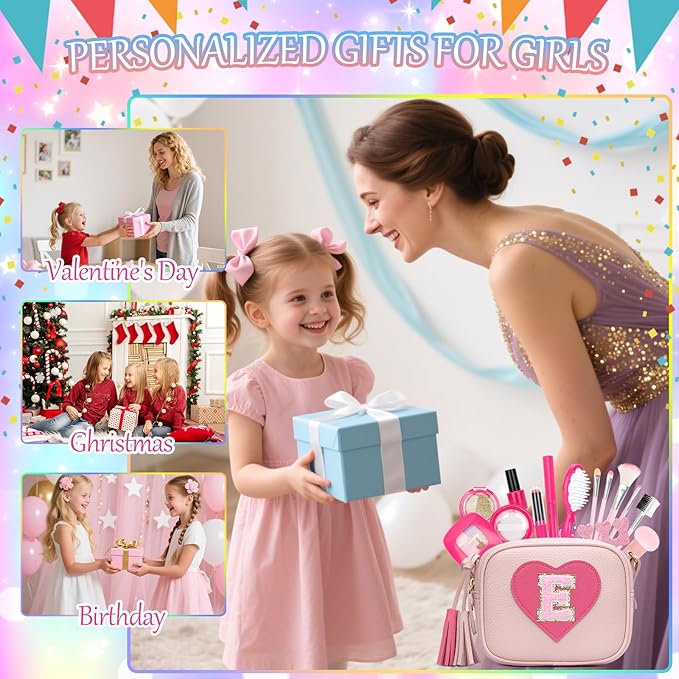 CBEE Kids Pretend Makeup Kit for Girls Non Toxic Make Up Toys Toddler Purse Personalized Gifts for 3 4 5 6 7 8 Year Old Girls (E)
