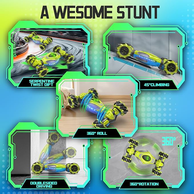 1:12 Scale Gesture Sensing Rc Stunt Car, 4WD Remote Control Hand Controlled Double Sided Vehicle 360° Roll with Lights, All Terrains Monster Truck for Boys Kids