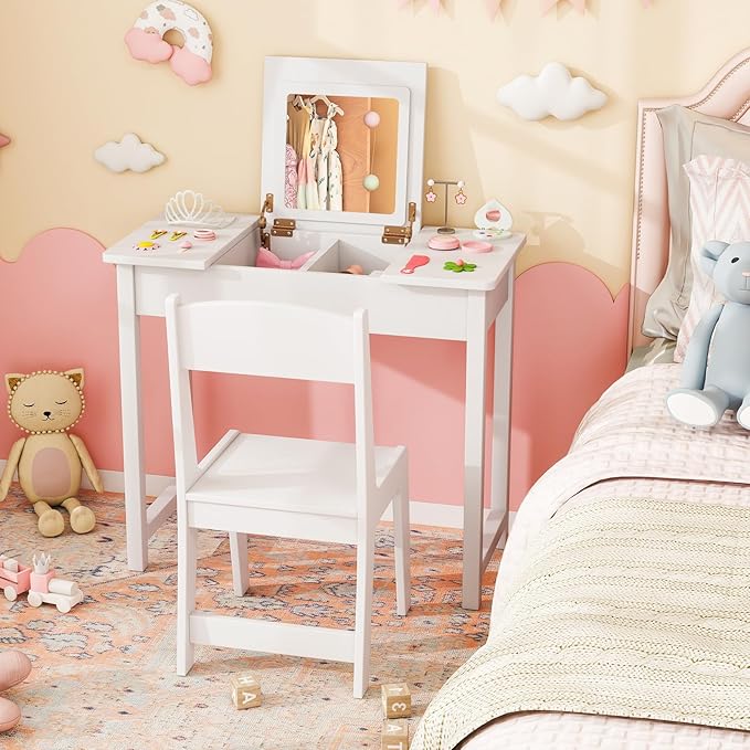Costzon Kids Vanity, 2 in 1 Girls Vanity Set with Flip Top Mirror, Hidden Storage Space, Wooden Toddler Makeup Vanity Desk Dressing Table, Kids Vanity Table and Chair Set (White)