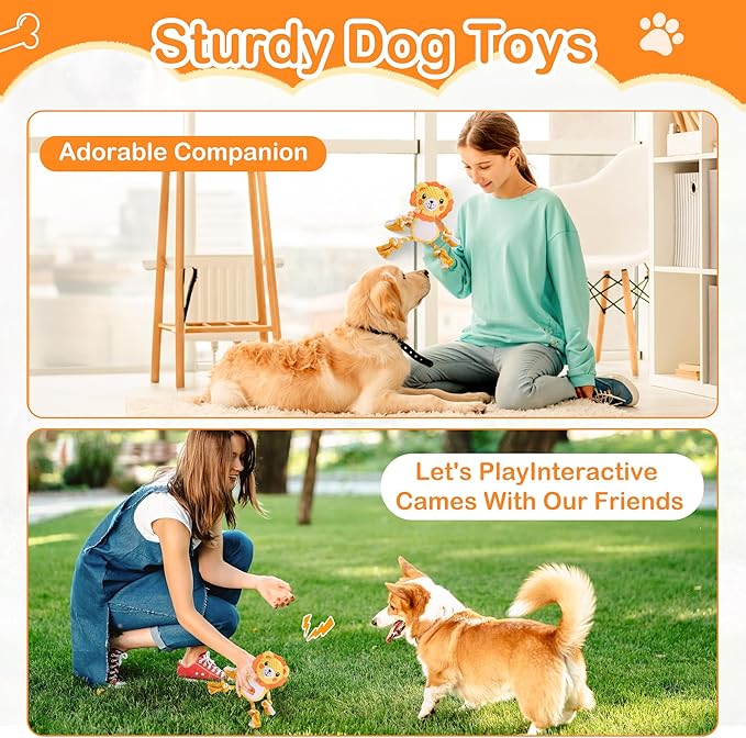 Squeak Dog Toys Stuffed Plush for Small & Medium Breeds - Soft Chew Fabric, Interactive Indoor/Outdoor Play, Perfect for Puppy Teething - Ideal Pet Gift, Lion