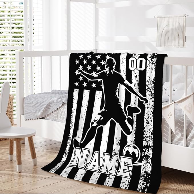 Soccer Blanket for Kids Teens Adults Custom with Name Boys Gifts, Personalized 80x60 Inches Twin Size Soft Lightweight Flannel Throw Blankets for Bedding Outdoors Home Decor