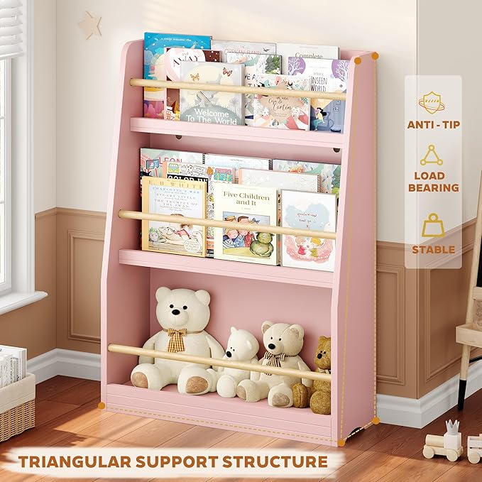 Kids Bookshelf, 3-Tier Montessori Book Shelf Organizer for Books and Toys, Toddler Bookshelf for Bedroom, Living Room, Playroom, Classroom, Nursery - Pink