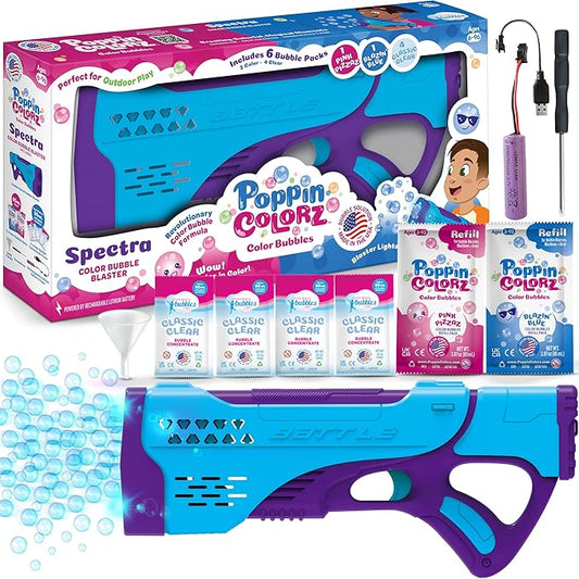 PoppinColorz Spectra Rechargeable Color Bubbles Blaster with 1 Pink, 1 Blue and 4 Clear Bubble Solutions Made in The USA, Double-Barrel Light-Up - No Dipping Necessary - Easy Click Trigger