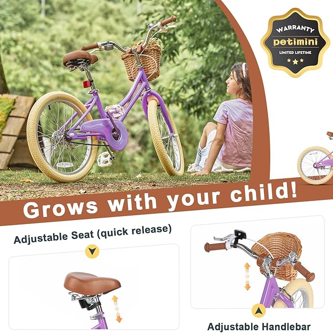 Petimini Girls Bike with Basket for 2-12 Years Old Kids, 12 14 16 18 20 Inch Bicycle with Bell Training Wheels Basket, Multiple Colors