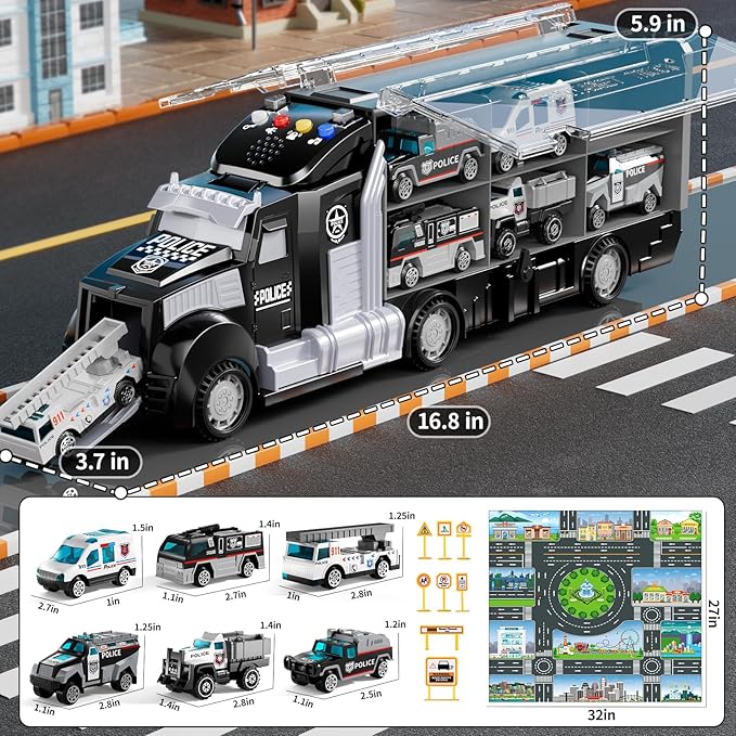 Police Trucks Toy Set with Play Mat, Carrier Truck Play Vehicles Set for 3 4 5 6 Years Old Boys Kids, Die-Cast Car Toy for Toddlers 3-4 Years, Birthday Gifts Toys for 3-9 Year Old Boys