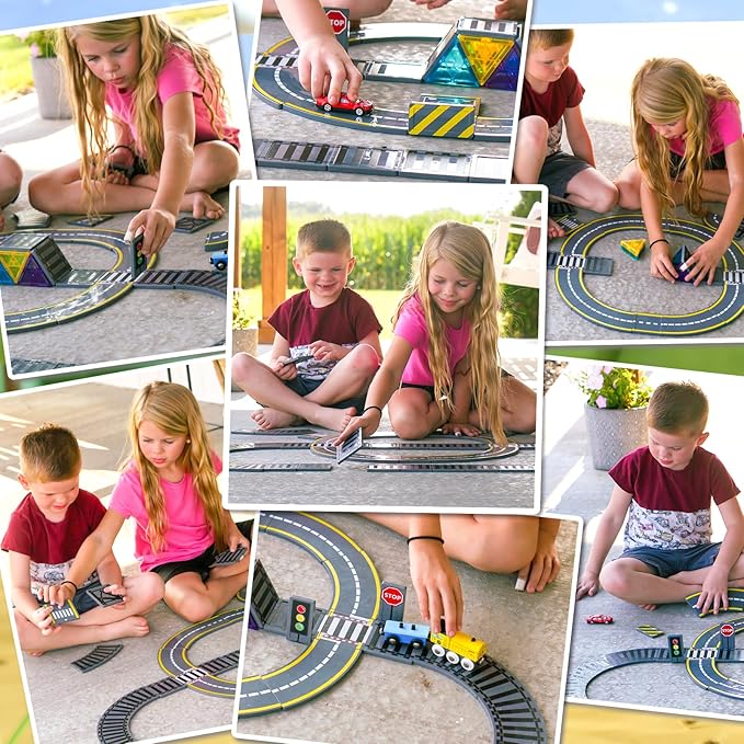 Magnetic Tiles Road & Train Track Expansion Pack Magnetic Building Blocks Construction Kids Toys for Ages 3-12 Boys Girls Building Toys Includes Road Tracks, Traffic Lights, Parking Spot