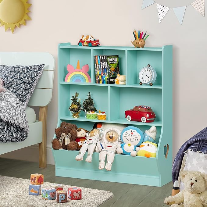 Lerliuo Kids Toy Storage Organizer, 3 Tier Children Small Bookcase and Bookshelf, Toddler 7 Cubby Toy Storage Cabinet, Toy Shelf for Playroom, Bedroom, Living Room, Nursery, School 29.53'' H (Green)