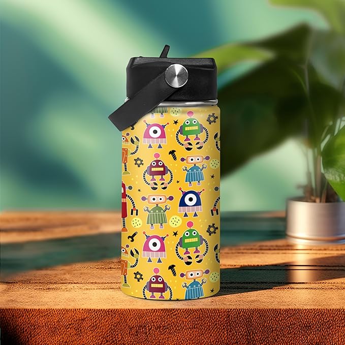 Kids Water Bottle with Straw Robot Insulated Water Bottles 12oz Stainless Steel Travel School Tumbler Double Wall Vacuum Cup for Boys Kid