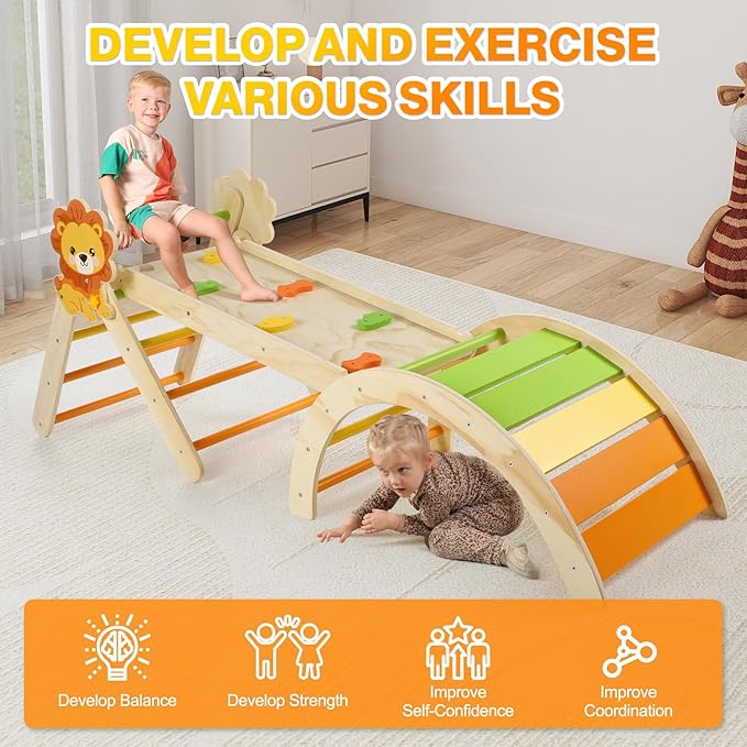 Pikler Triangle Set with Cushion, 7 in 1 Toddler Climbing Toys Indoor, Montessori Foldable Climbing Set, Wooden Climbing Toys for Toddlers Inside with Ramp, Arch and Ladder (Lion)