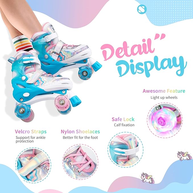 SULIFEEL Rainbow Unicorn 4 Size Adjustable Light up Roller Skates for Girls Boys for Kids