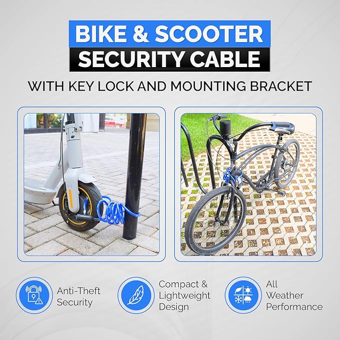 Bike Cable Lock Set, Coiled Security Cable with Key Lock and Mounting Bracket, Compact Anti-Theft Protection for Bikes, Bicycles, Scooters and More 6ft