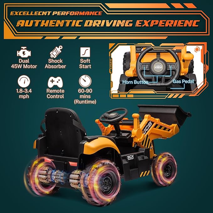 24V Excavator Ride on Toy, Licensed JCB 3CX Electric Backhoe Loader Car for Kids, Ride on Digger, Bulldozer & Construction Vehicles w/Remote Control, Bluetooth Music, Moving Parts, Adjustable Seat